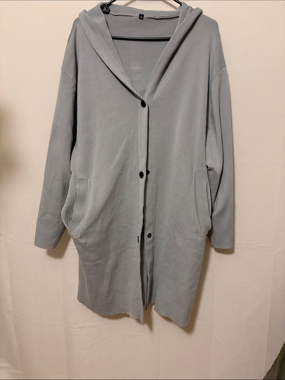 Hooded Button-Front Long Coatigan in Light Gray